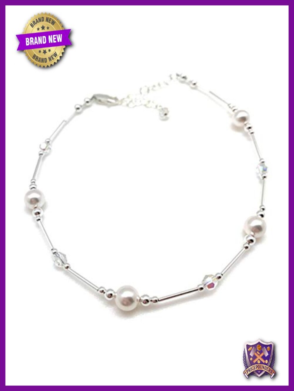 Sterling Silver Pearl Swarovski Crystal Anklet Bridal Gift Adjustable
